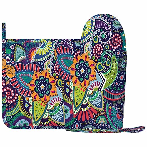 Mxocom Paisley Stylized Flowers Oven Mitts And Pot Holders Sets Mandala Boho Damask Floral Swirls Teardrop Ethnic Tribal Colorful Silicone Heat Resistant Kitchen Oven Gloves Pot Holder For Cooking #TOP1