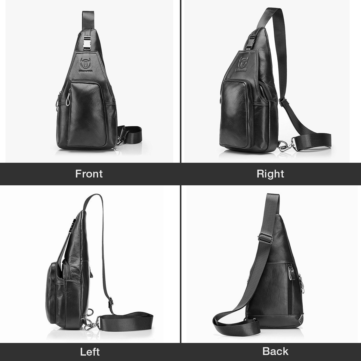Bolso de pecho de cuero genuino para hombre, bolso cruzado de hombro, bandolera, mochila de mensajero, mochila para negocios, casual, deporte, senderismo, viajes, negro, Negro - 3