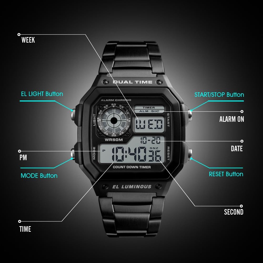 Watches for Men Fashion Trend Gold Multi-Function Waterproof Watch LED Digital Chronograph Stainless Steel Square Watches