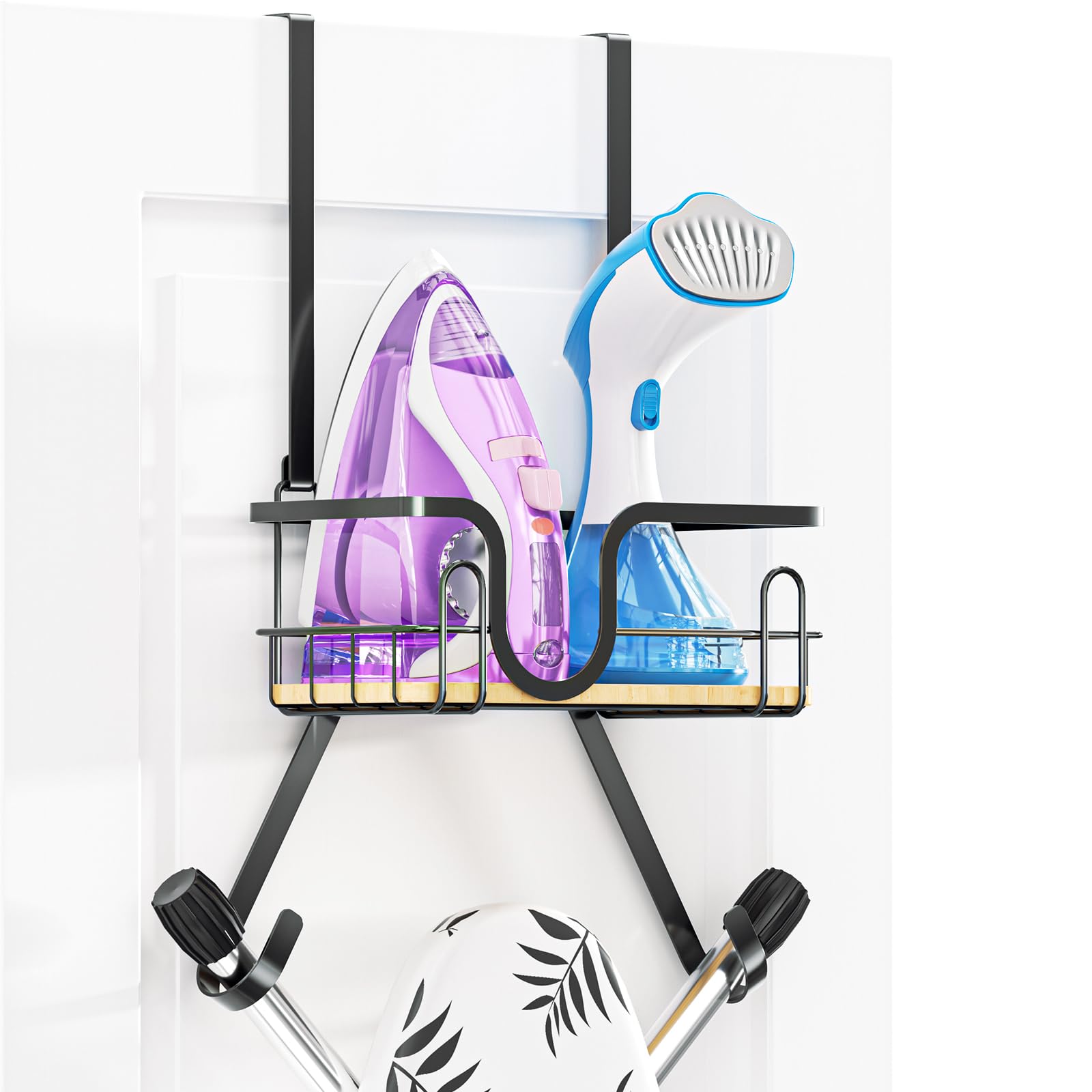 Over The Door Ironing Board Holder, Ironing Board Holder Wall Mount, Laundry Room Iron and Ironing Board Hanger Ironing Board Storage Holder with Basket, Adjustable Hooks Iron Holder (T&V Shaped)