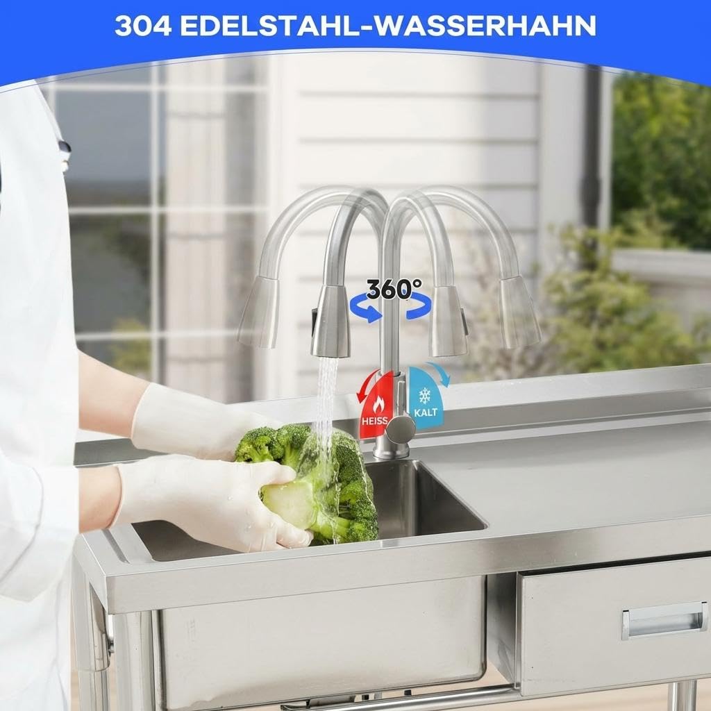 Edelstahl Spültisch Spülbecken Freistehend Mit Arbeitstisch & Schublade, Utility Waschbecken Mit Ausziehbarer Armatur, Warm- & Kaltwasseranschluss, Waschbecken Für Küche, Garage, Werkstatt, Keller