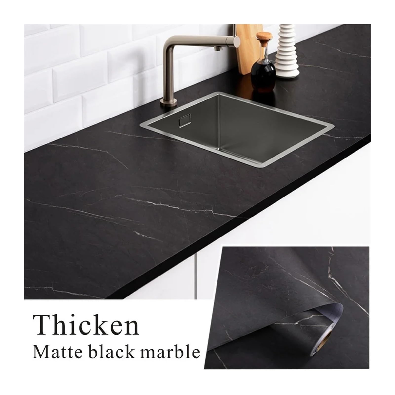 Verdickte mattschwarze PVC-Marmor-Selbstklebende Tapeten-Wandaufkleber in der Rolle for die Küche, ölbeständig, Desktop-Möbelfolie, Heimdekoration(60x200 cm)