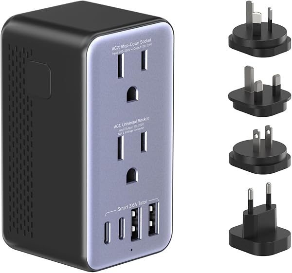 海外旅行用変圧器 220Vから100V 変換|変換プラグ 全世界対応|広電圧ソケット1個+降圧ソケット1個+USBポート4個(USB-C×2)|変換プラグ A/BF/C/Oタイプ対応|アメリカ・韓国・オーストラリア・イギリス・中国など対応 - 1