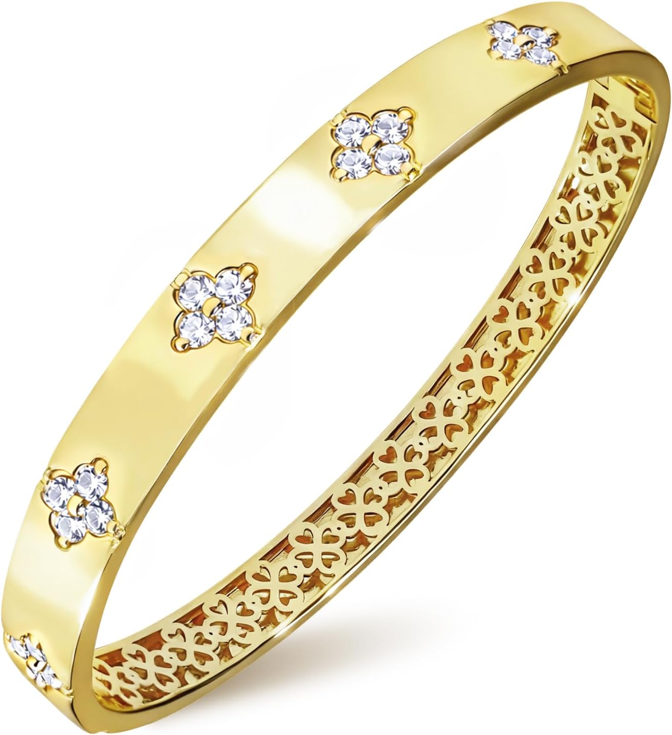 Moissanite Bangle Bracelet for Women, 14K Gold Plated Four Leaf Clover with D Color VVS1 3EX Cut Round Moissanite, Non-Tarnish High-Polish Love & Luck Jewelry Gift for Her