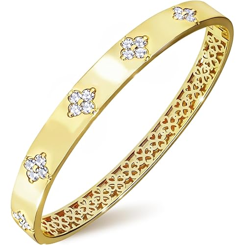 Moissanite Bangle Bracelet for Women, 14K Gold Plated Four Leaf Clover with D Color VVS1 3EX Cut Round Moissanite, Non-Tarnish High-Polish Love & Luck Jewelry Gift for Her
