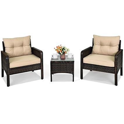 Carry Bird 3 Piece PE Wicker Rattan Outdoor Furniture | 2 Seater Balcony Sofa With Small Tea Table | Set of 2 Outdoor Patio Chairs with Coffee Table | Dining Chairs & Center Table for Home & Garden | 2 Piece Patio Stools with Table | Indoor Patio Furniture Set Space Saving | Rattan Chair | Patio Set | Wicker Conversation Set | Poolside Lawn Arm Chairs Set For Balcony & Terrace | Balcony Table chair Set | Garden Patio Seating Chair & Table Set with Glass | 3PC-Brown Wicker Beige Cushion