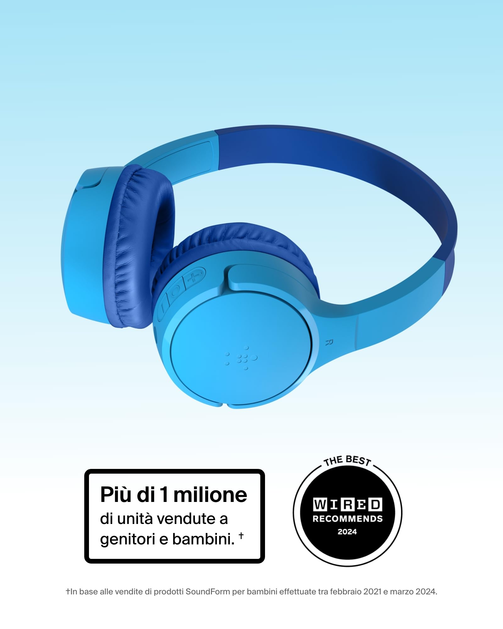 Belkin SoundForm Mini Cuffie wireless per bambini con microfono, 30 ore di riproduzione, adesivi divertenti, headset over-ear per didattica online, scuola e viaggi, per iPhone, iPad e Galaxy, blu