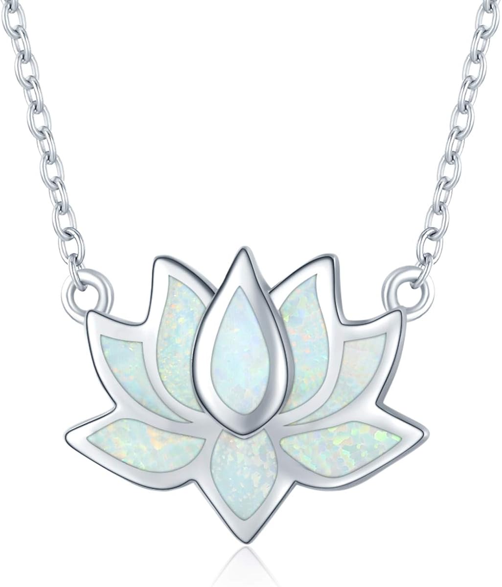 CUOKA MIRACLE Collar de loto de plata de ley 925 con colgante de ópalo, collar de flor de loto, collar de yoga, regalo para mujer mamá