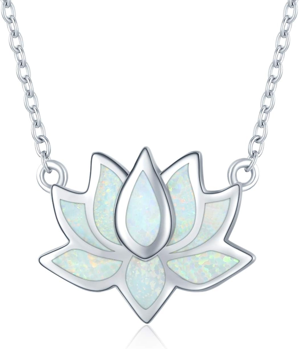 CUOKA MIRACLE Lotus Necklace 925 Sterling Silver Opal Pendant Necklace Lotus Flower Necklace Yoga Necklace Gift for Women