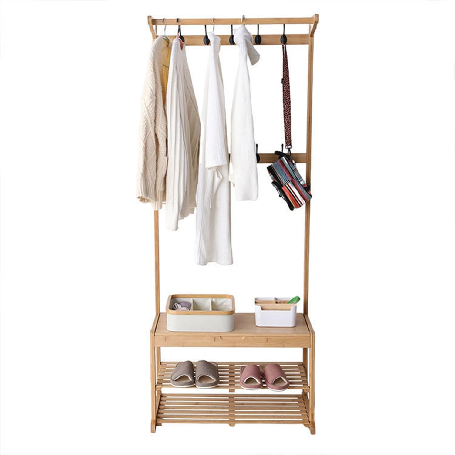 FGXHHS Freestanding Hall Tree with Bench, 10 Double Hooks, 2 Shelves, and Hidden Storage for Organized Entryway