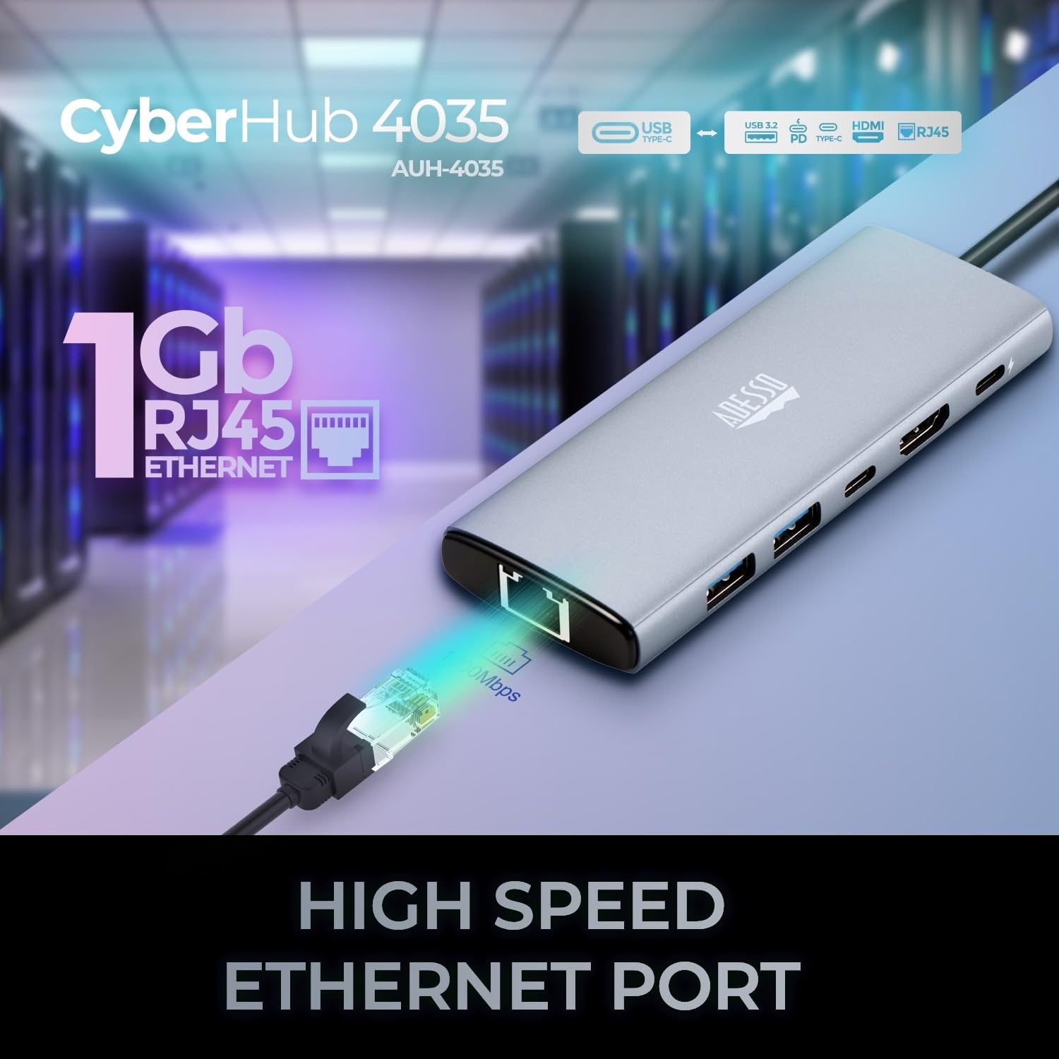 Adesso AUH-4035 - Adaptador multipuerto USB C 6 en 1 compatible con 1 HDMI 4K, 2 USB-A 3.2, 1 USB-C 3.2, 1 RJ45 y 1 PD