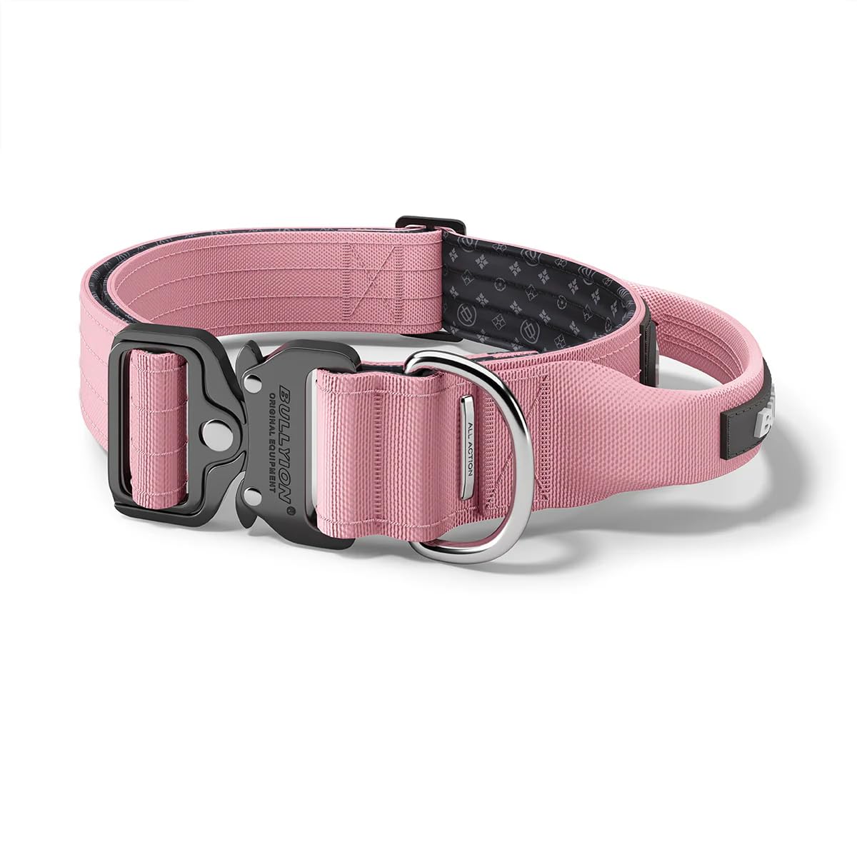 Bullyion ® Original Equipment Heavy Duty Tactical Dog Collar with Handle – Adjustable Military Style Collar for Large Dogs, Padded Training Collar with Metal Buckle - 5CM Cottage Pink - Medium