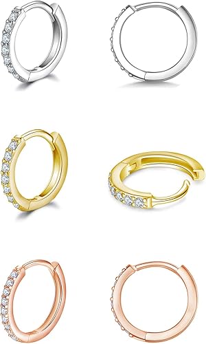 Aretes pequeños en forma de círculo de plata de ley 925 con circonia cúbica, 3 pares de aros chapados en oro blanco de 14 quilates para piercing en