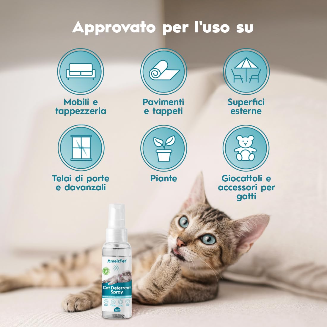 AmeizPet Spray Disabituante per Gatti, Repellente per Gatti, Smetti di Graffiare Mobili, Tappeti, Tende e Piante, Soluzione Sicura ed Efficace, Uso Interno & Esterno, 50 ml (1,69 FL oz)