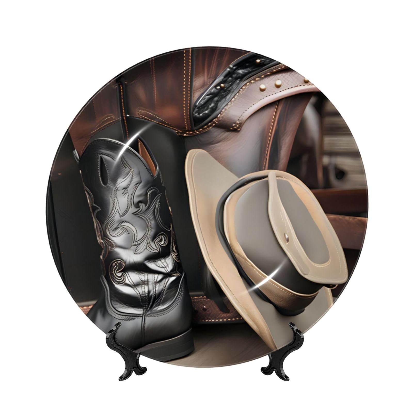 SXZVVBN Cowboy Black Hat Western Boots Bone China Decorative Plate Art with Stand Removable Adhesive Hanging for Home Office 6in（15cm）