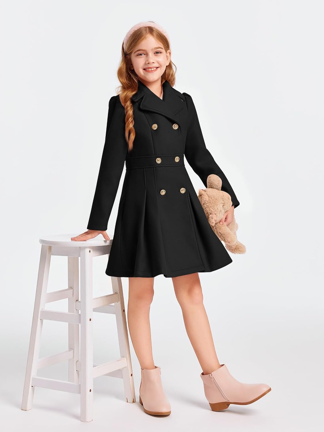 Haloumoning Girls Winter Dress Coat Button Peacoat Notch Lapel Double Breasted Outerwear with Pockets 5-14 Years - Image 2