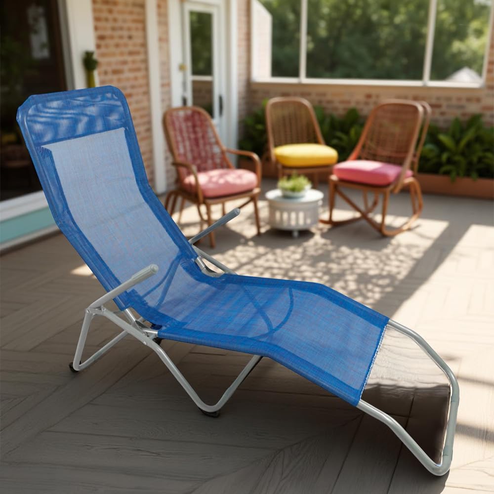 Lettino Prendisole Basculante Sdraio da Esterno 130x43x58h cm - Struttura a Dondolo, da Giardino, Reclinabile, Piscina, Spiaggia, Terrazzo - Struttura in Metallo (Blu)