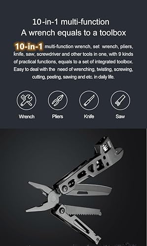 Miniatura 3 de 10 en 1 Llave multiherramienta Alicates Cuchillo plegable Regla EDC de acero inoxidable con puntas para supervivencia (negro)