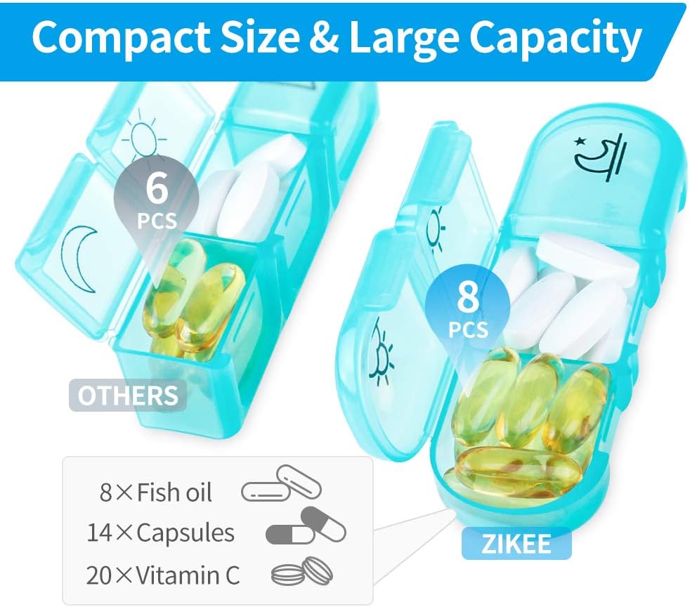 ZIKEE Weekly Pill Organizer 3 Times a Day, Compact Pill Box 7 Day with Roomy Pill Case and Sturdy Design for Managing Your Vitamins, Fish Oils, Supplements and Medications
