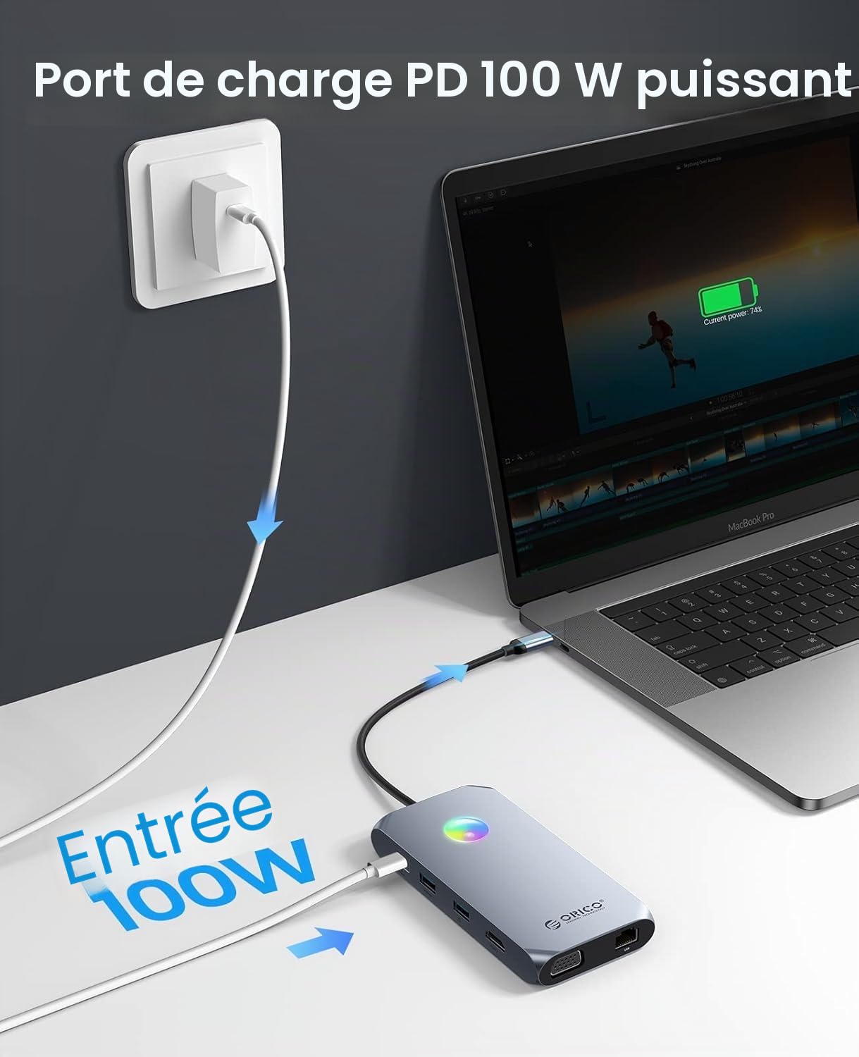 Station d'accueil USB C, ORICO 12 en 1 Hub USB C RVB, Adaptateur USB C avec HDMI 4K, 100W PD, RJ45, 4 Ports USB 3.0, Lecteur de Carte SD et microSD, 1080P VGA (Argent, avec RVB)
