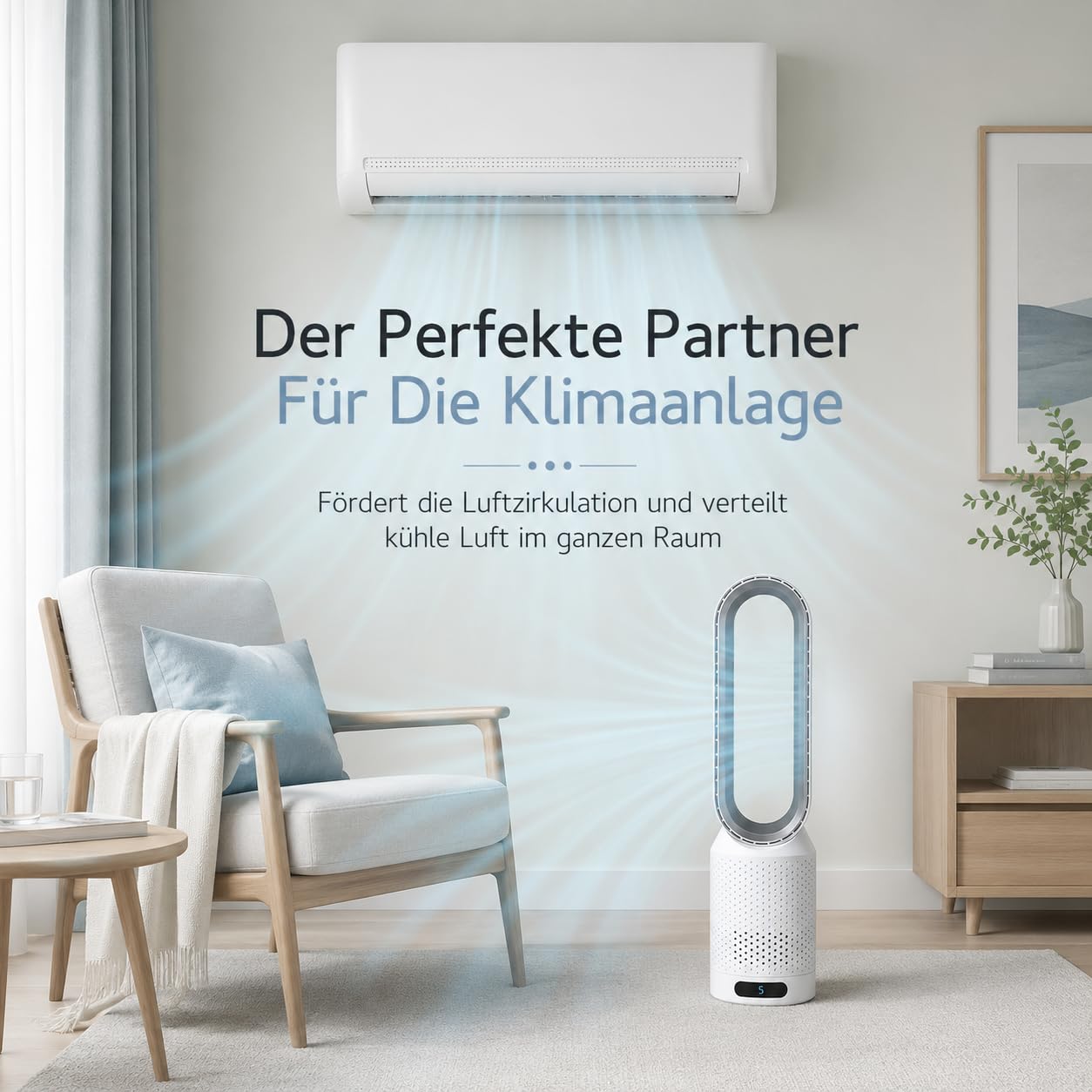 Seladi AirPure V3 | 3-in-1-Luftkühler, UV-Reiniger und Ionisator, Geräuscharmer Flügelloser Ventilator, Tragbarer Tisch und Stand Luftkühler für Alltag, Arbeit und Zuhause (Blau)