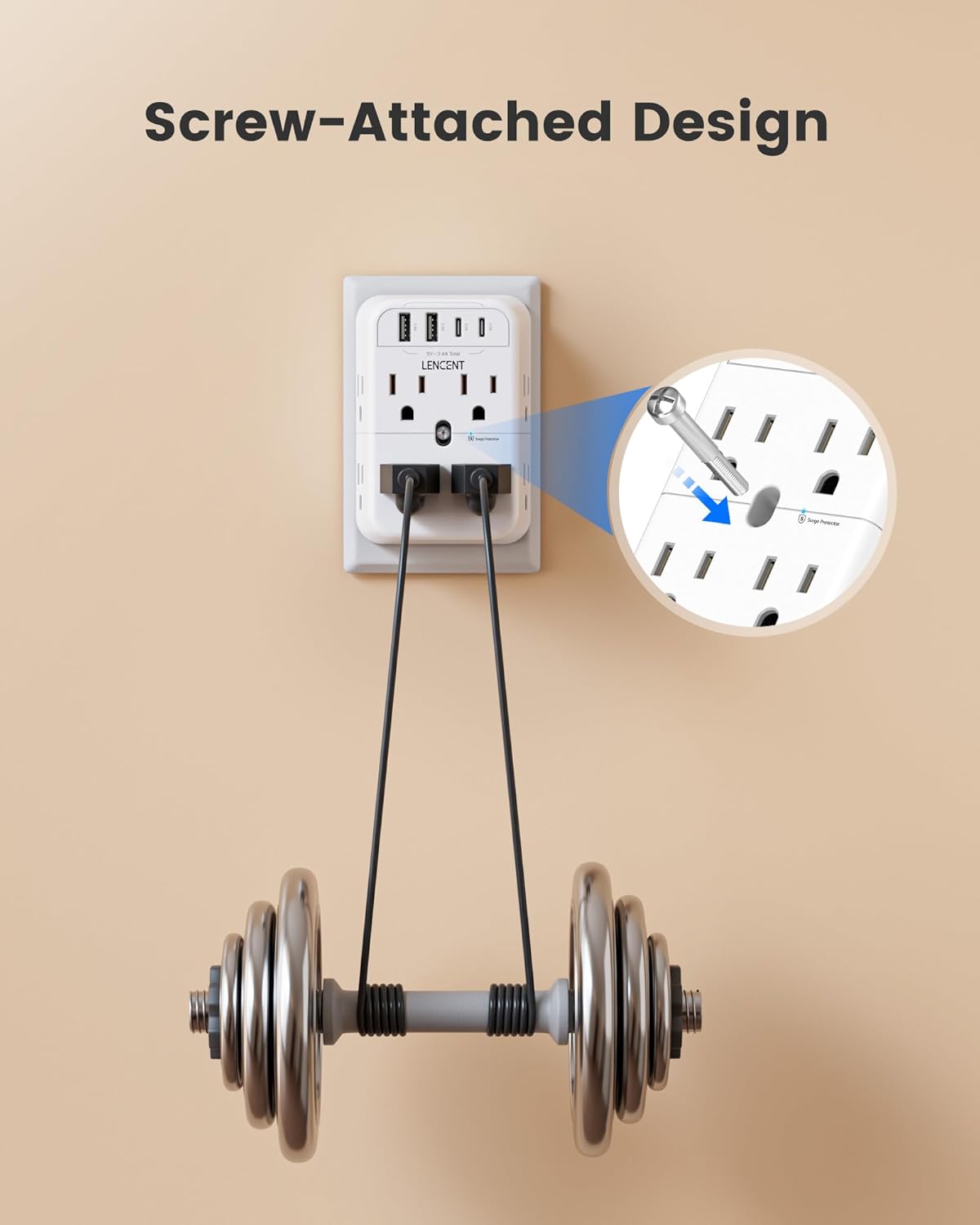 LENCENT adapter securely attached to a wall outlet with a screw, demonstrating stability.