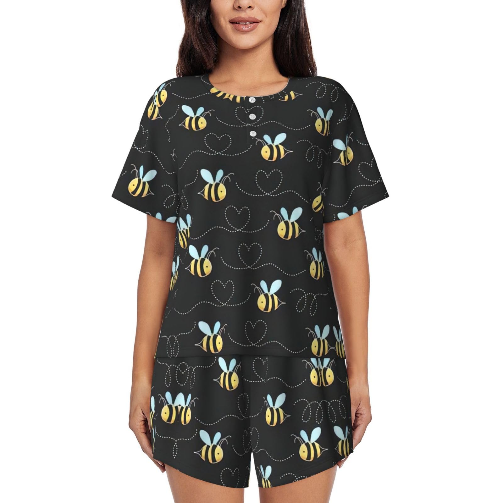 Wurton Women's Black Bumble Bees Pajamas Sets Shorts 2 Piece Short Sleeve Lounge Sets Sleepwear Casual Pjs With Pockets, Xxl