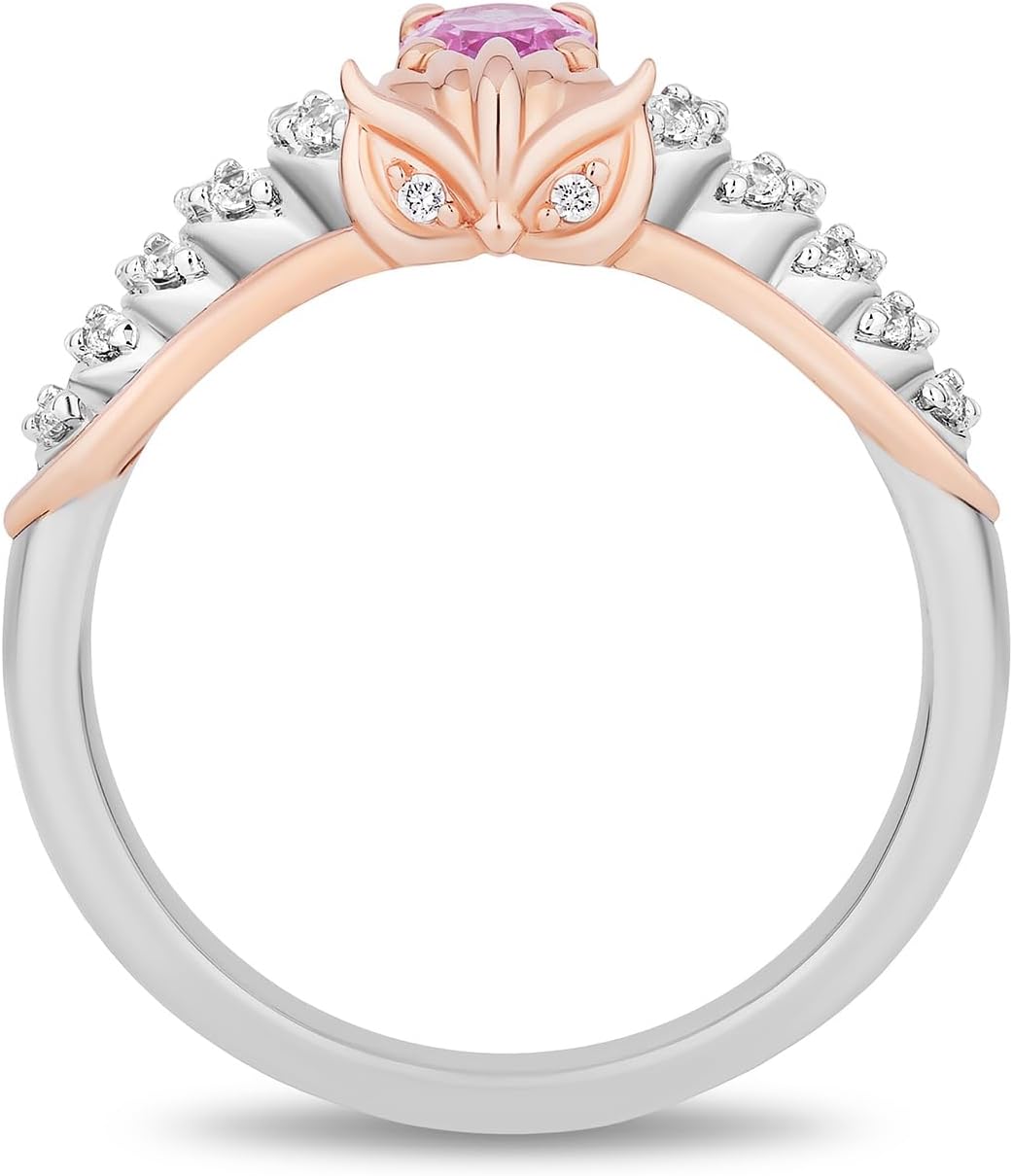 Jewelili Enchanted Disney Fine Jewelry 14K Rose Gold over Sterling Silver with 1/8 CTTW Diamonds and Created Pink Sapphire Sleeping Beauty 65th Anniversary Celebration Aurora Owl Ring