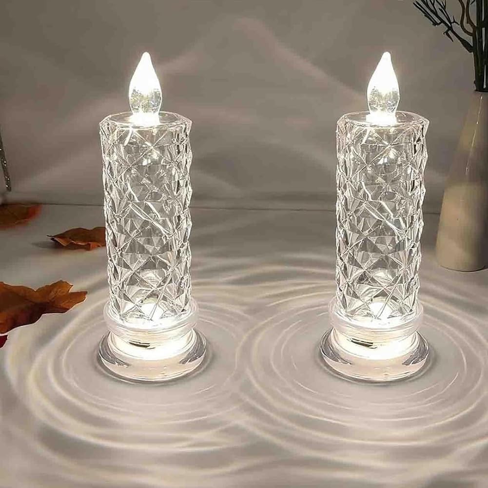 LexTex Set of 4 LED Crystal Candle Lights, Flameless LED Candles, Rose Shadow LEDs Flameless Candles, Romantic Flameles Pillar Candle for Christmas Wedding Table Decorations(White,2PCS)