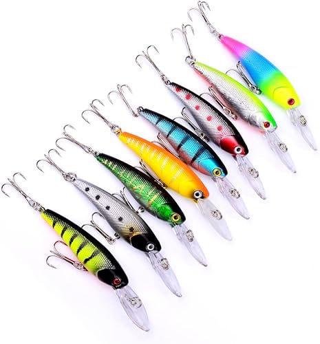 OriGlam Juego de 8 señuelos de pesca, cebos de trucha, cebos de trucha, señuelos de pesca de minnow artificiales, señuelos de lubina realistas, cebo