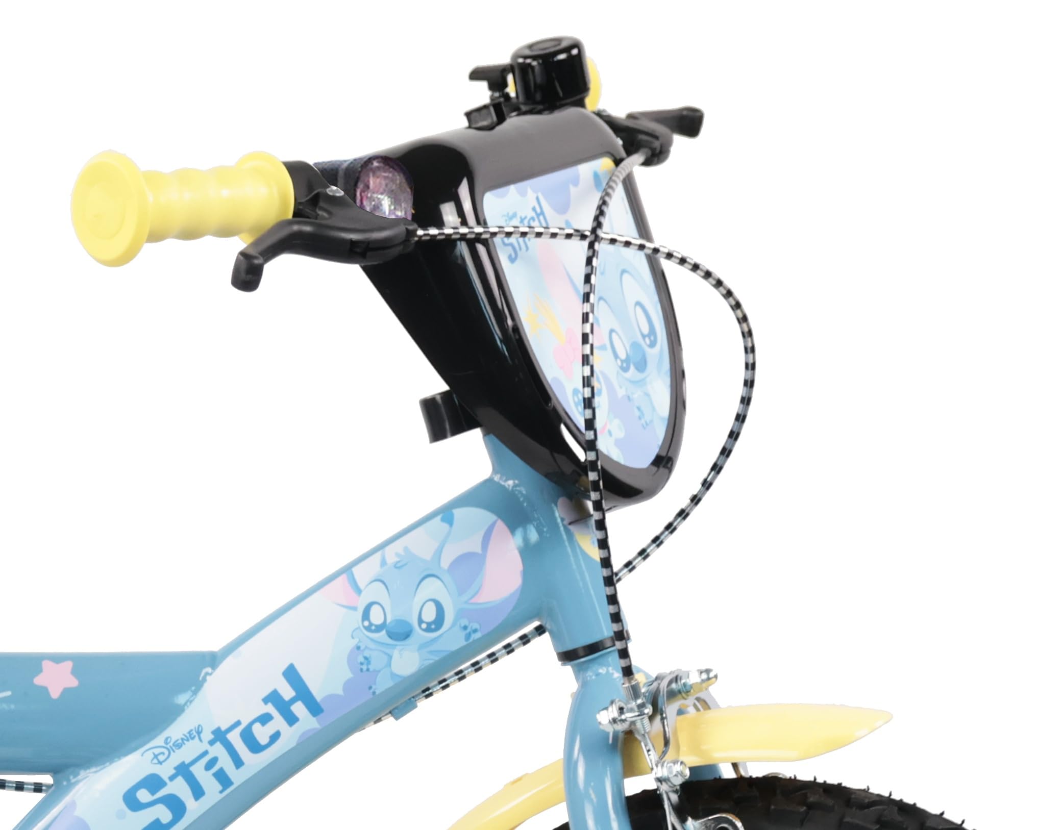 Vélo 16'' Stitch équipé de 2 Freins, Roues gonflables, Plaque Avant décorative, bidon arrière et stabilisateurs Inclus.