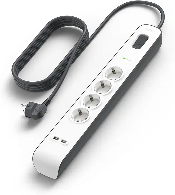 Belkin 4-fach Steckdosenleiste mit USB-Anschlüssen und Überspannungsschutz, Mehrfachsteckdose, 4 geschützte Steckdosen und 2 USB-A-Anschlüsse, 2,4 A, 2 m Verlängerungskabel, für zu Hause und das Büro