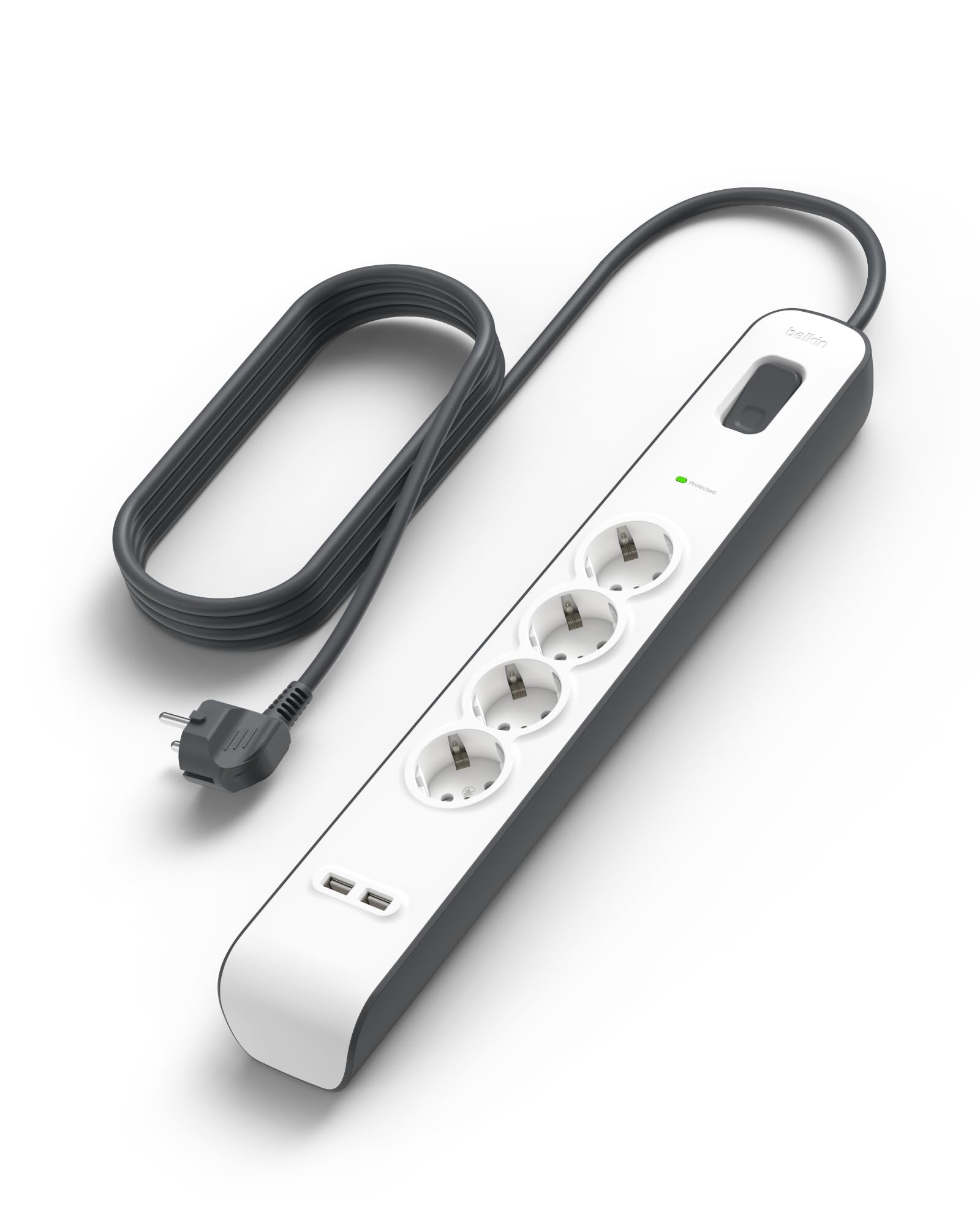 Belkin Ciabatta multipresa con USB e 4 prese, protezione dalle sovratensioni con 4 prese CA protette e 2 porte di ricarica USB-A da 2,4 A, cavo di prolunga da 2 m, presa multipla per casa e ufficio