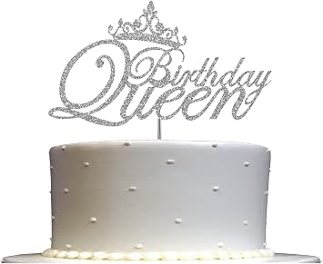 Birthday Queen Glitter Cake Topper, Birthday Party Decorations Ideas, Premium Quality Decoration, Sturdy Doubled Sided Glitter, Acrylic Stick. Made in USA Silver