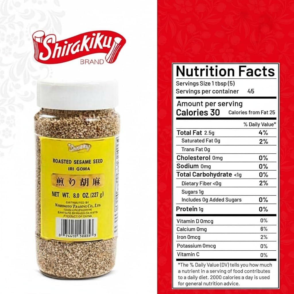 Shirakiku Roasted Sesame Seeds (IRI GOMA) | Perfect for Salad, Sushi, and Noodles Topping | Toasted Sesame Seeds with an Enticing Aroma, Flavor, and Crunch, 8 Oz - (Pack of 1)