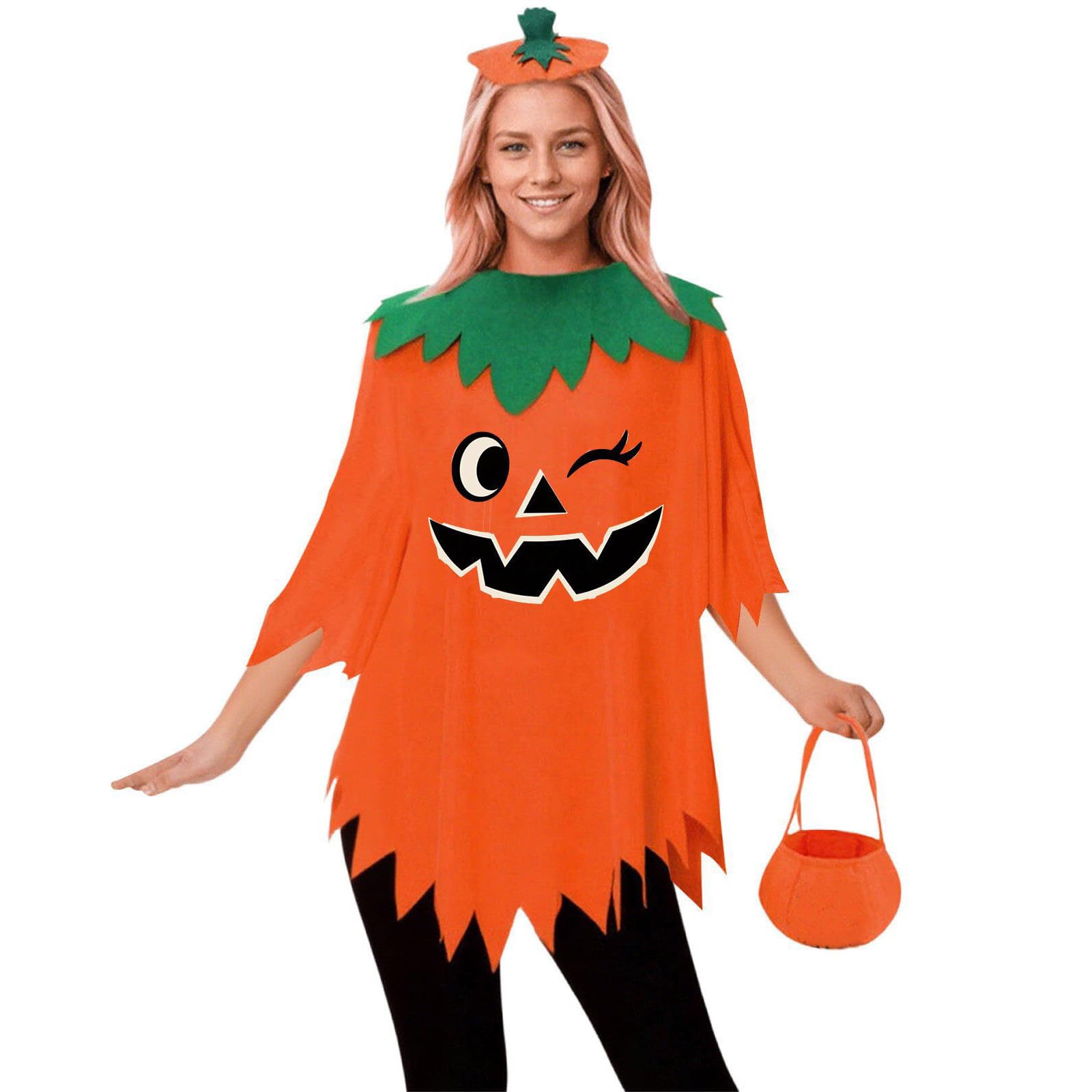 Halloween Costumes for Women Adult, 3 Pcs Pumpkin Costume Womens, Pumpkin Cape Poncho, Headband and Candy Bag, Ladies Fancy Dress Up Outfit Set, Scary Outfits, Cosplay Accessaries