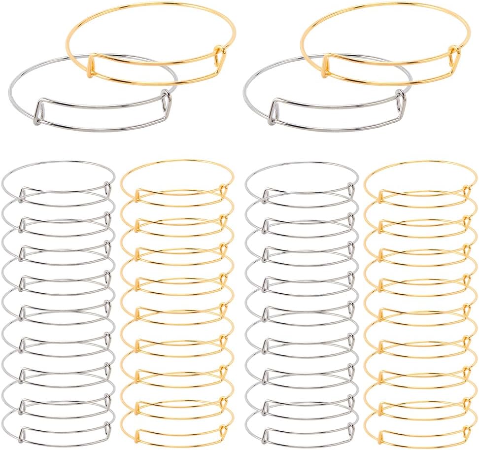 SOFPLATE 40Pcs Gold Expandable Bangle Bracelets Adjustable Wire Bangles Set Iron Hypoallergenic Thin Round Silver Blank Wristband for Jewelry Making Supplies Bracelets Accessories DIY Crafts Beginner