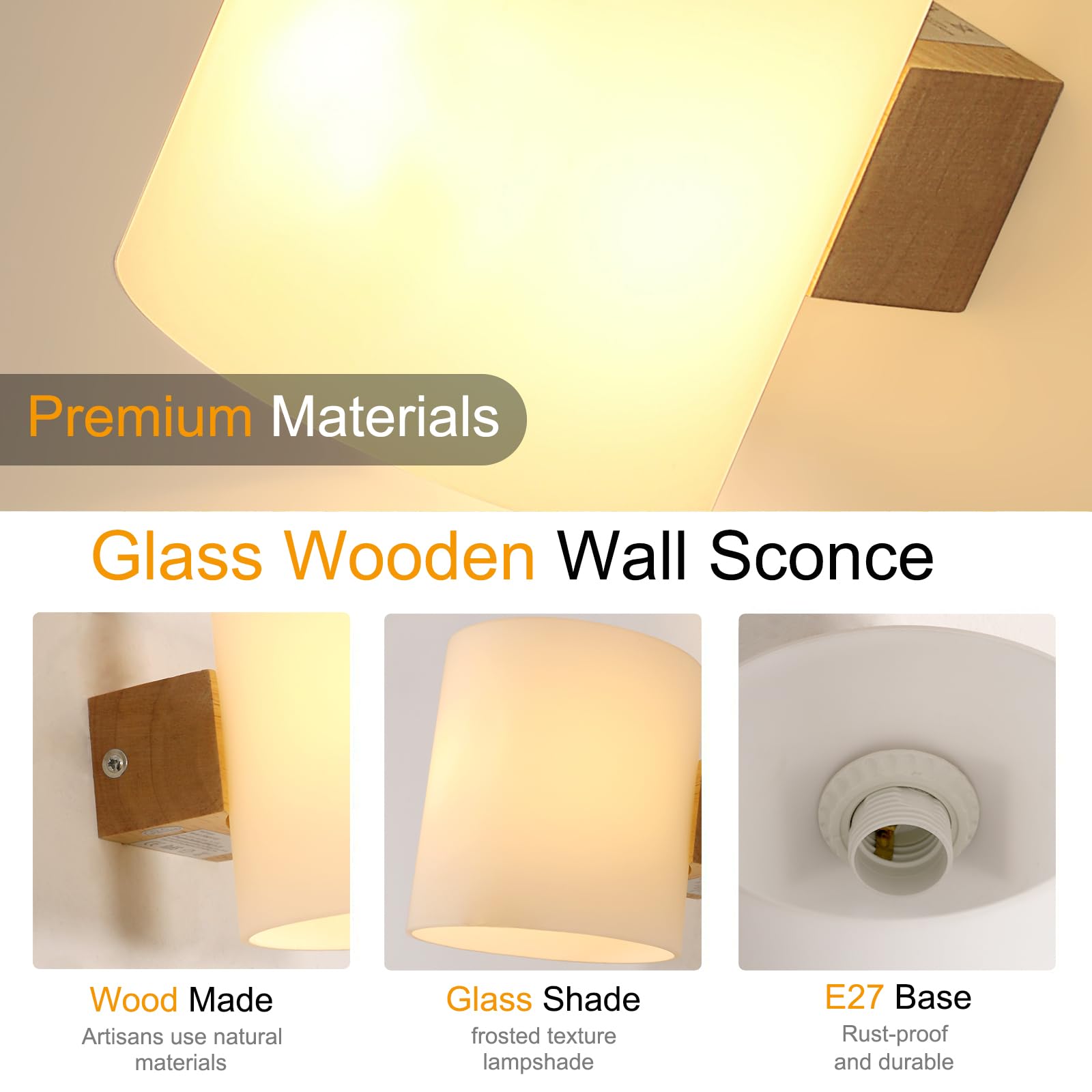 Comely Drewniany Kinkiet Wewnętrzny E27, Lampa Ścienna W Minimalistycznym Designie 3000K-6500K, Szklany Klosz Design Oświetlenie Ścienne Do Sypialni Korytarza Schodów