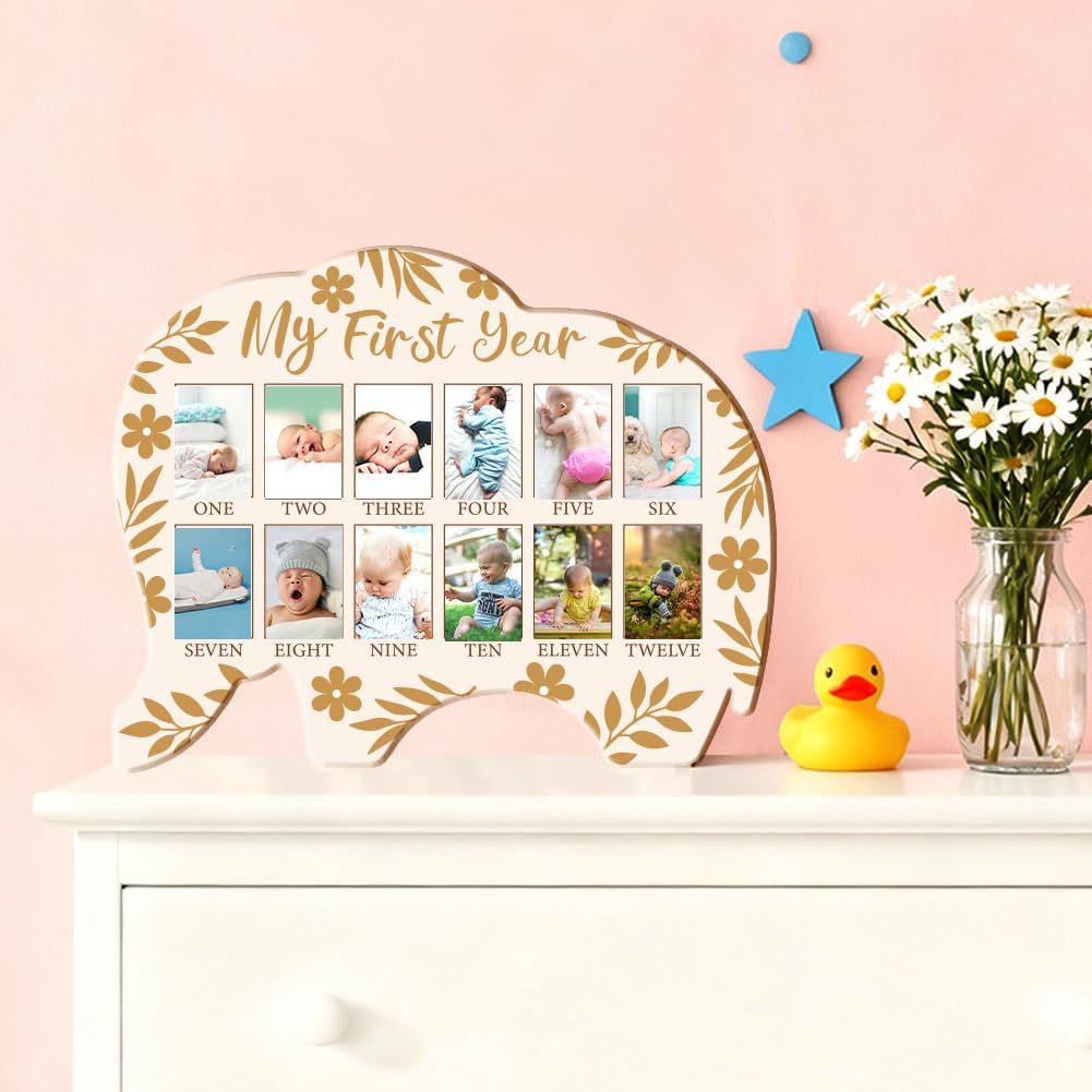 ORIGACH Elephant Shape My First Year Baby Growth Photo Display Board, 12 Months Newborn Milestones Wood Keepsake Board for 1st Birthday & Nursery Decor, Leaves & Flower Pattern
