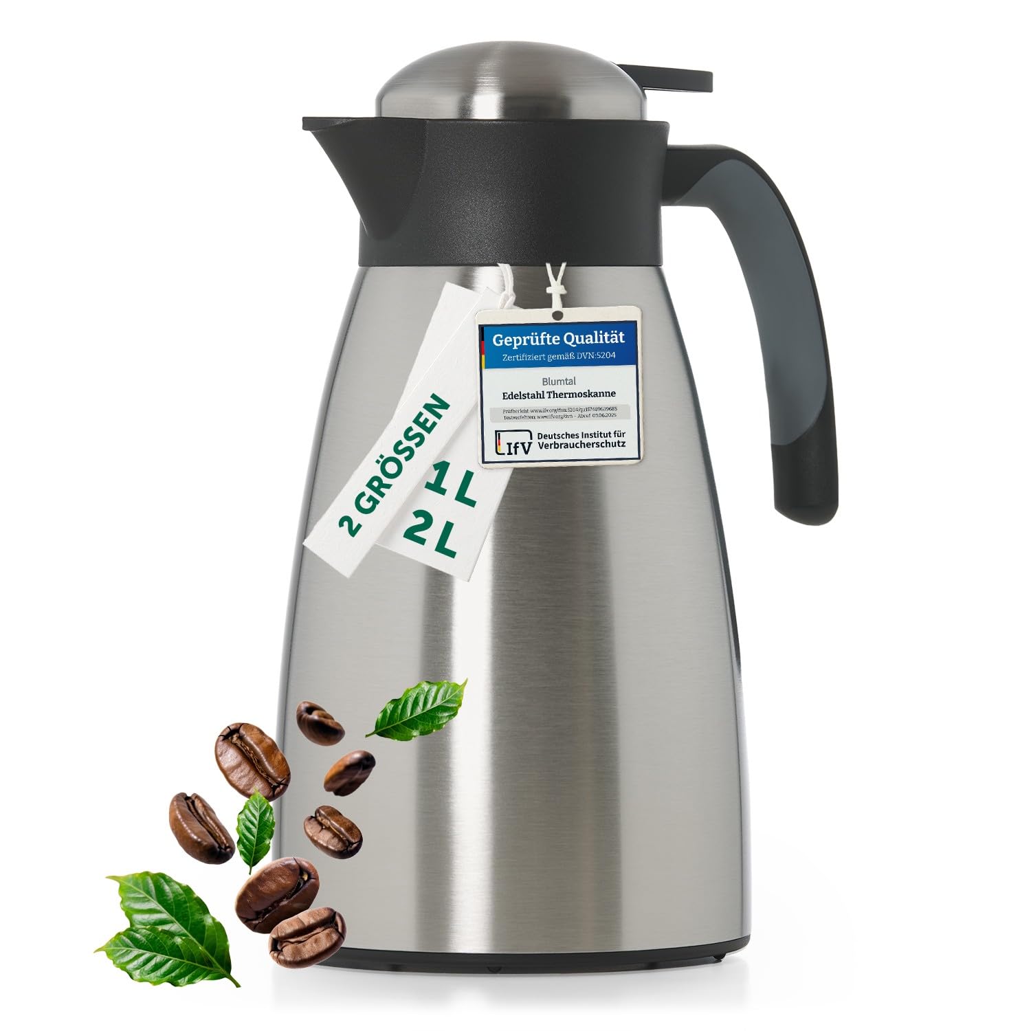 Blumtal Thermoskanne 2 Liter - BPA-freie Teekanne mit Quick Tip Verschluss - auslaufsichere Kaffeekanne Thermo für langanhaltende Isolation - Isolierkanne 2l - Thermoskanne 2l - Teekanne Thermo Silber