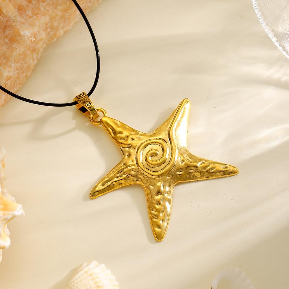 Golden Starfish Spiral Necklace Ocean Big Star Jewelry Chunky Pentagram Vortex Pendent Choker Beach Vacation Accessories for Women - Image 3
