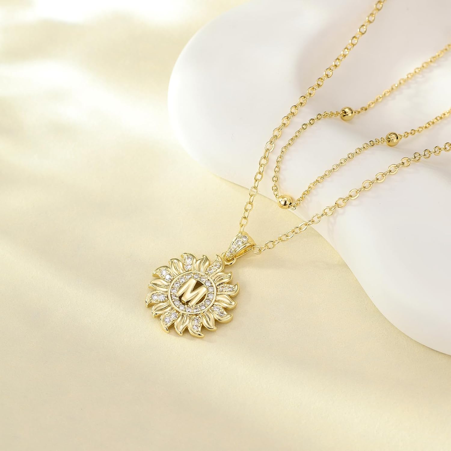 Sunflower Initial Necklace for Women Trendy,14k Gold Plated Dainty Layered Letter Pendant Necklaces and Bead Chain Zirconia Round Flower Alphabets Jewelry Gifts for Her - Image 4