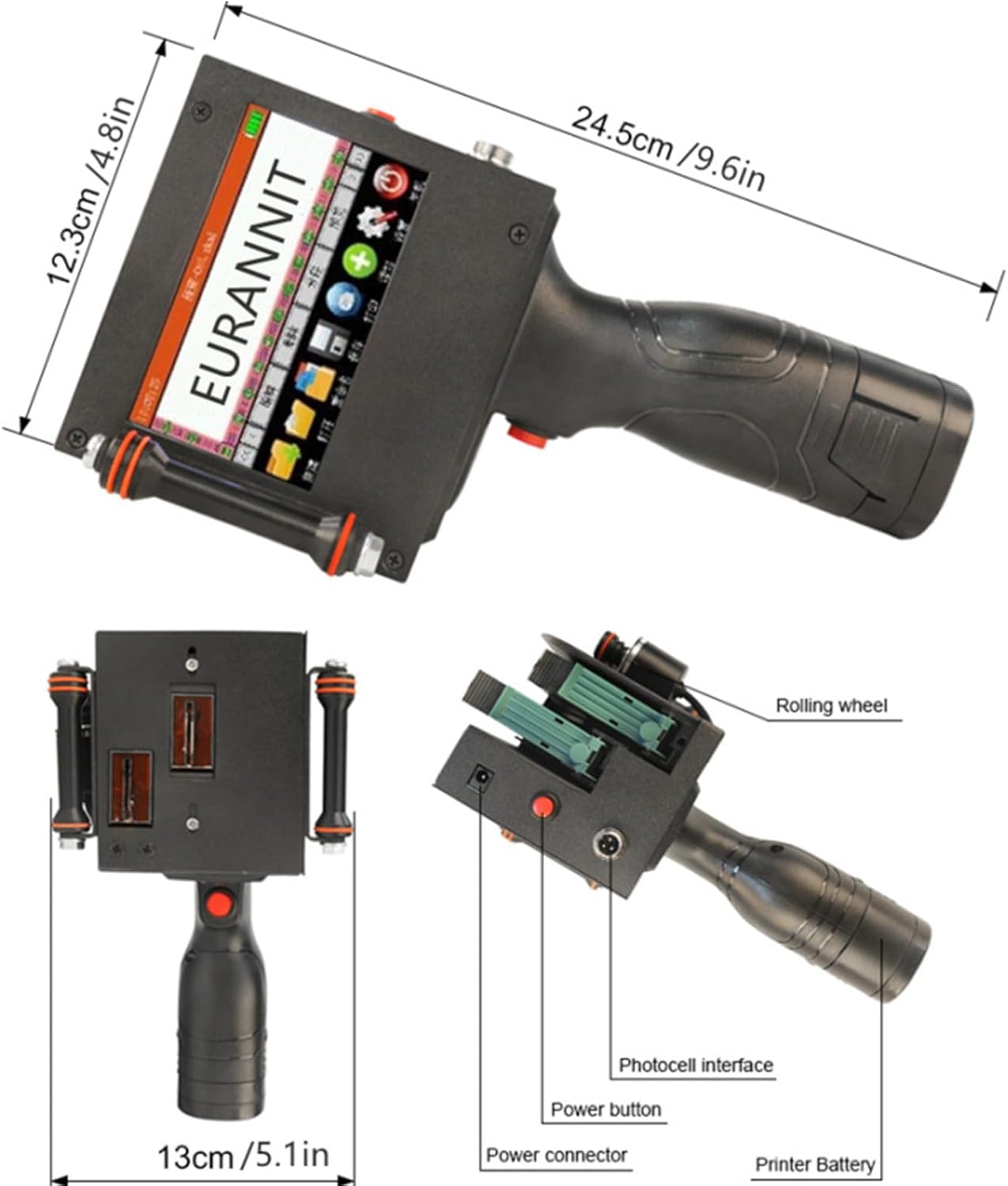Eurannit E50 Handheld Inkjet Printer with dimensions and labeled components