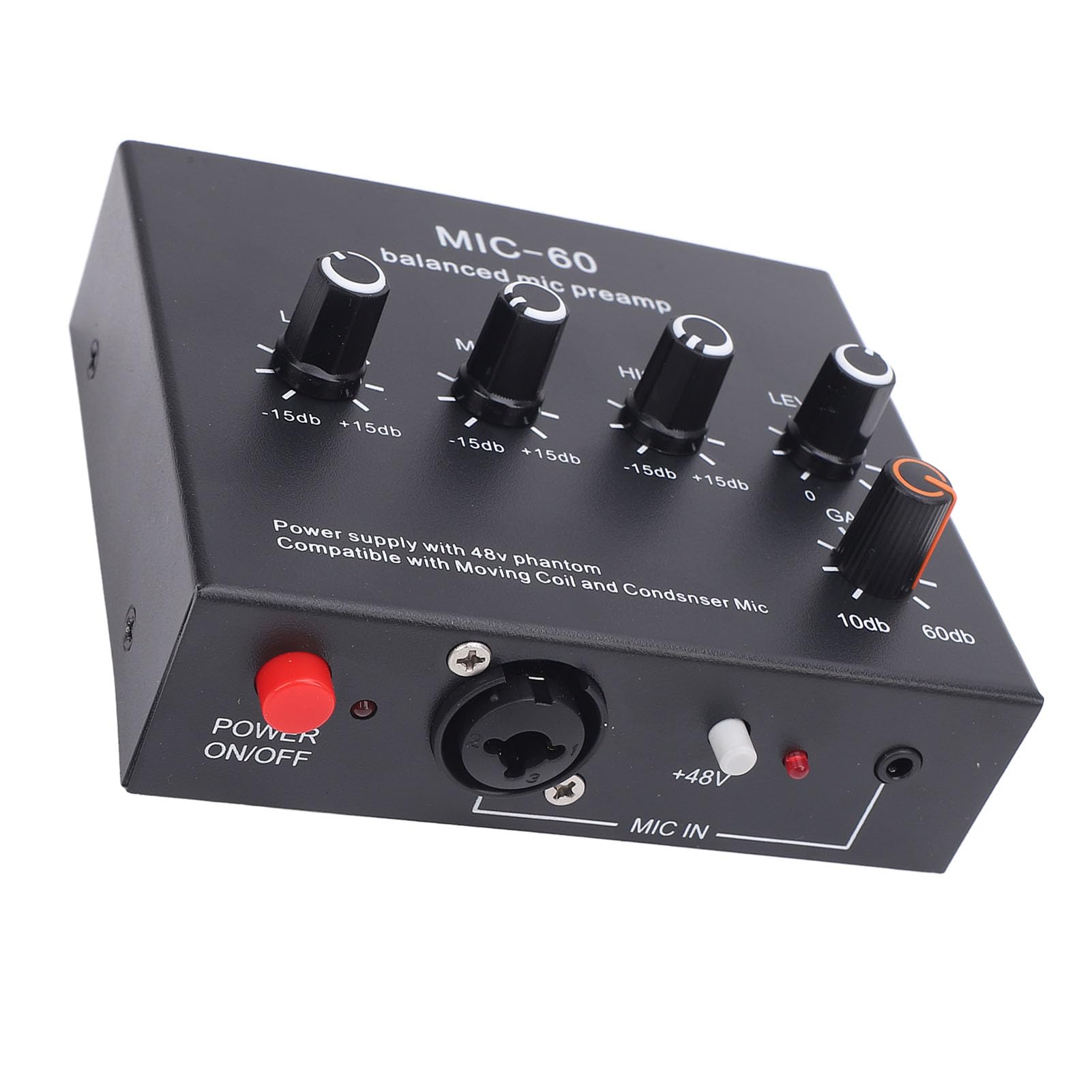 Acouto Preamplificador de Micrófono XLR de Potencia de 48 V Amplificador de Micrófono Equilibrado de Aleación de Aluminio Ganancia de 10 DB a 60 DB Salida XLR de bajo Ruido para Grabación de Estudio