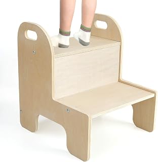 Wooden Toddler Step Stool for Kids, Two Step Wooden Toddler Step Stool with Handles and Bonus Non-Slip Pads, Safety Children's Stool Use for Kitchen, Bathroom & Potty Training Dual Height