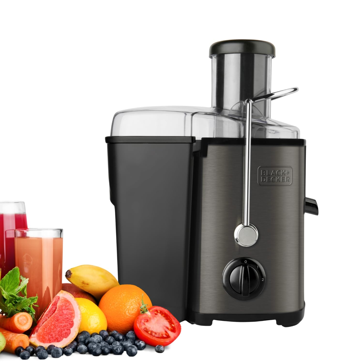 BLACK+DECKER - Centrifugeuse 600W | 2 Vitesses | Entrée Large 62mm | Réservoir Jus 0,55L & Pulpe 1,2L | Corps Inox Anti-Traces | Filtre Acier Inox Amovible | Système Sécurité & Anti-Goutte