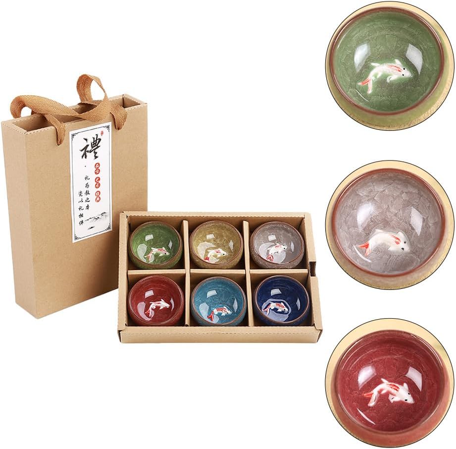 Hemoton Ice Cracked Fish Mini Tea Cup Set of 6 Porcelain Small Cups for Chinese Tea Ceremony Asian Kung Fu Matcha Coffee and Wine Tableware for Home and Party