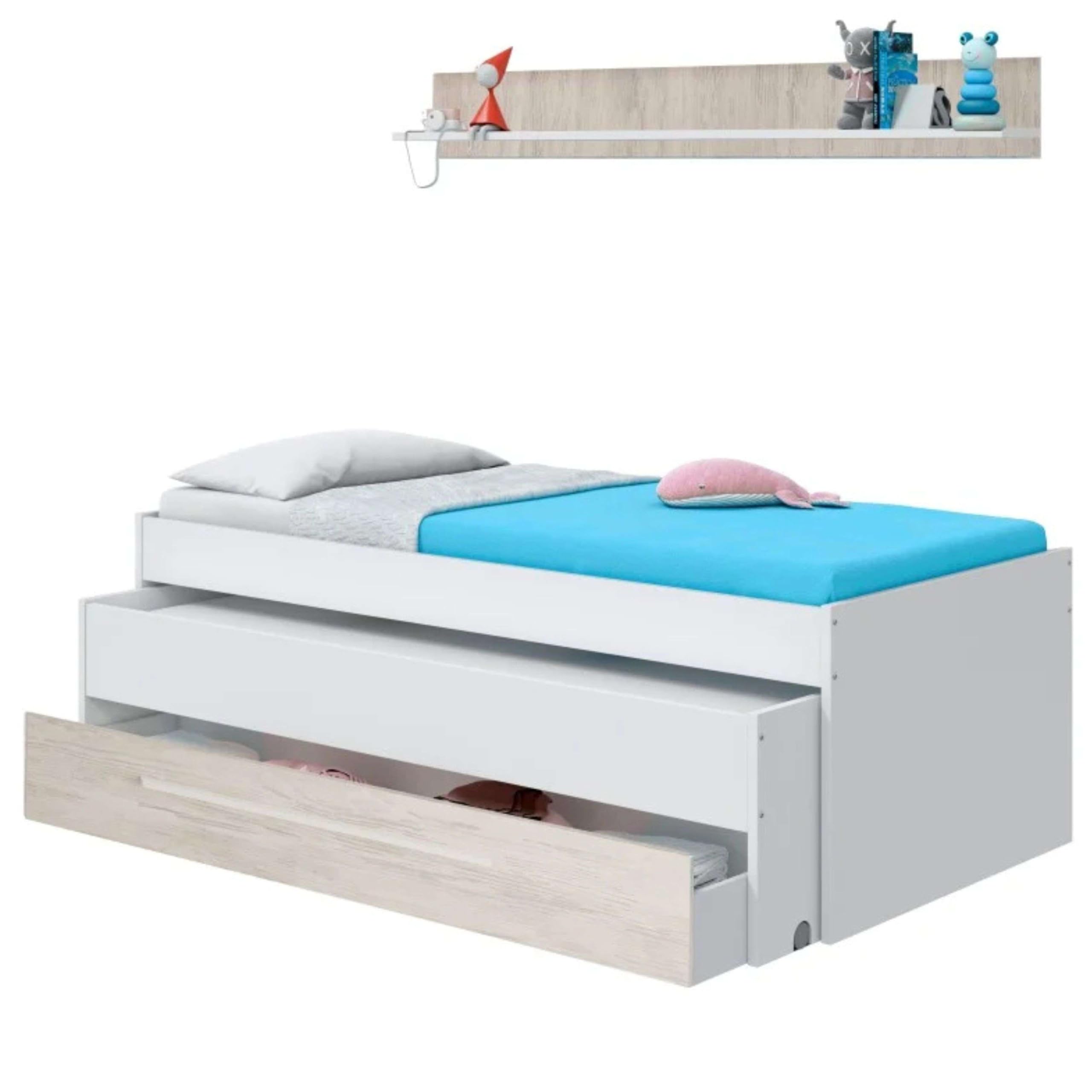 Dmora - Letto per bambini Sunnyvale, Struttura letto per cameretta, Letto singolo con lettino estraibile, cassettone e mensola, 199x96h65 cm, Bianco