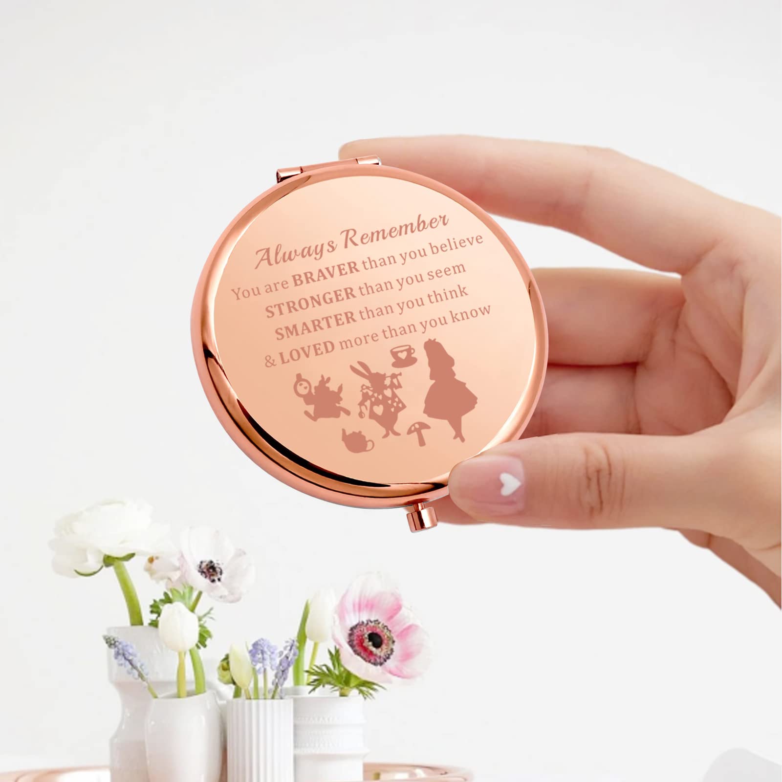 KEYCHIN Alice Fans Pocket Mirror Alice Fairy Tales Gift Always Remember You are Braver Stronger Smarter Than You Think Compact Makeup Mirror (Alice-RG) - Image 3