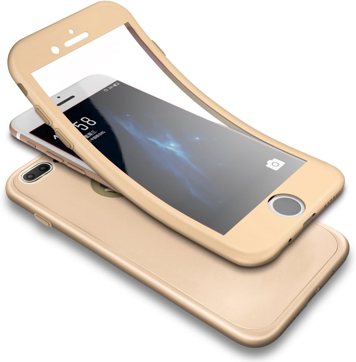 PHEZEN iPhone 7 Plus Case,iPhone 8 Plus Case, Shockproof 360 Degree Full Body Protection Slim Fit Front and Back Matte TPU Silicone Case with Tempered Glass Screen Protector, Gold